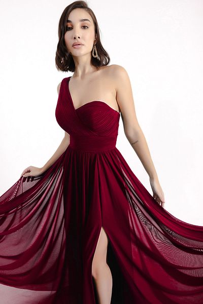 Lafaba Βορντό Μακρύ Γυναικείο Βραδινό Φόρεμα με One Shoulder Slit