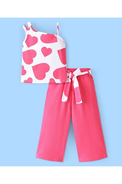 Ollington St. Ollington St.100% Cotton Sleeveless Top & Knit Culottes With Fabric Belt Heart Print - White & Pink