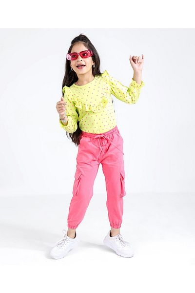 Ollington St. Ollington St. 100% Cotton Knit Full Sleeves Top & Legging Set Polka Dot Print - Yellow & Pink