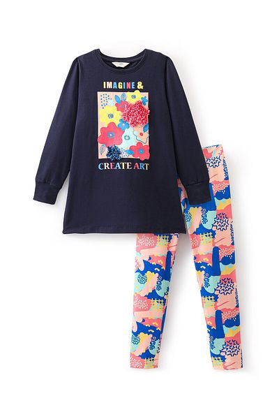 Primo Gino Primo Gino 100% Cotton Full Sleeves T-Shirt & Lounge Pant Set With Floral Print - Navy Blue & Pink