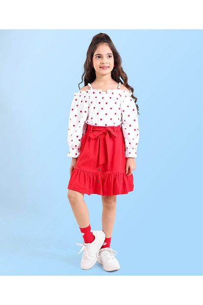 Ollington St. Ollington St. 100% Cotton ed Off-Shoulder Full Sleeve Top & Skirt Set Polka Dots -White & Red