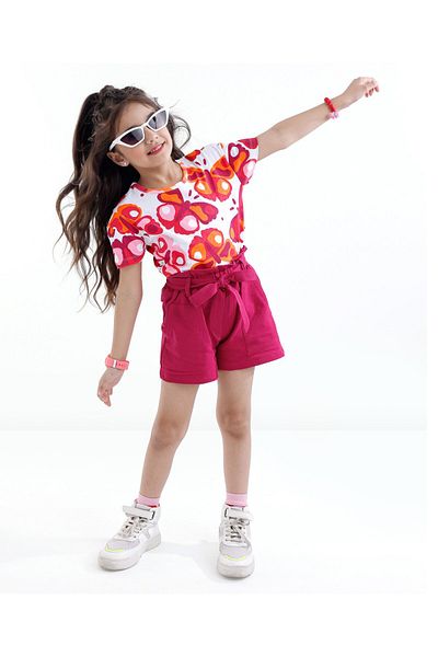 Ollington St. Ollington St. 100% Cotton Butterfly Print Top & Paperbag Shorts Self Fabric Belt -White & Maroon