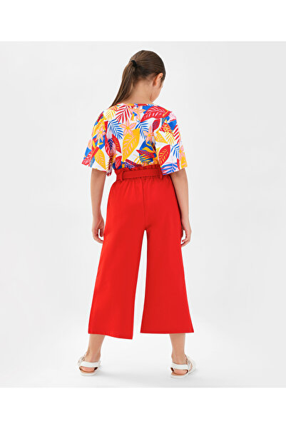 Ollington St. Ollington St. 100% Cotton Half Sleeves Top & Woven Culottes Set With Leaves Print - Red