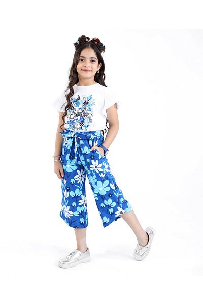Ollington St. Ollington St. Cotton Frill Sleeve Floral Text Print Top & Culottes Set Self Fabric Belt-White & Blue