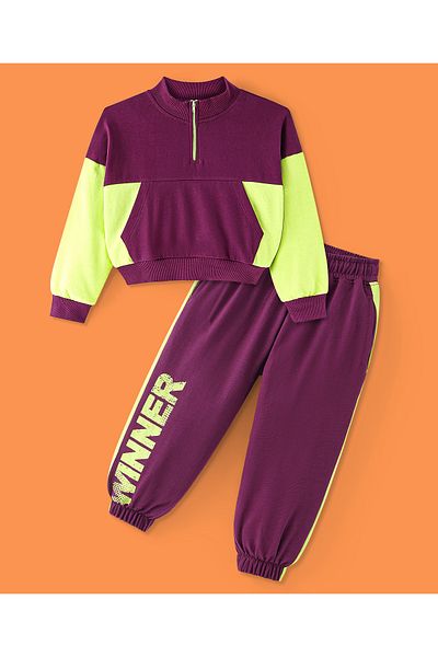 Ollington St. Ollington St. Cotton Knit Full Sleeve Color-Blocked Zipper SweatShirt& Joggers Set-Wine& Lime Green