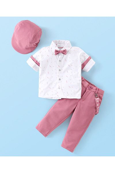 Babyhug Full Sleeve Musical Notes Printed Stretch Fit Party Shirt & Trousers Cap & Bow-Peach & White