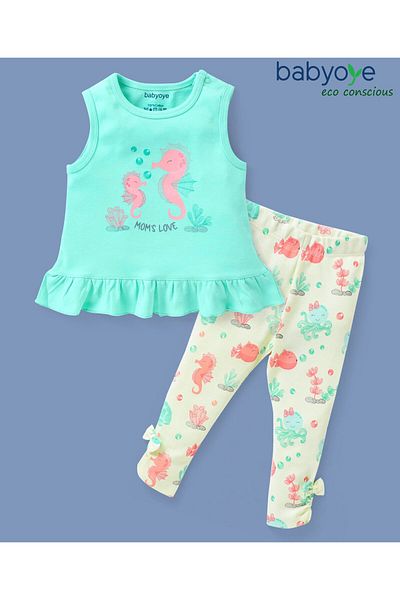 Babyoye Eco Conscious Cotton Eco Jiva Sleeveless Top & Leggings Set Seahorse Print - Blue