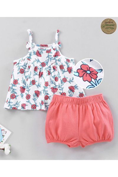 Babyoye Babyoye Eco Conscious Organic Cotton Sleeveless Top & Shorts Set Floral Print- Pink White