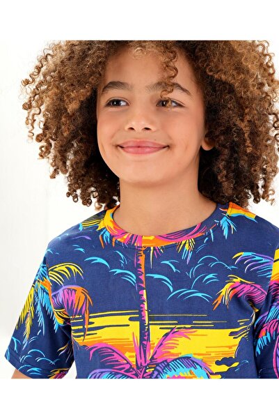 Ollington St. Ollington St. 100% Cotton Knit Half Sleeve T-Shirt & ShortsCo-ord Set All Over Tropical 鈥?Navy Blue