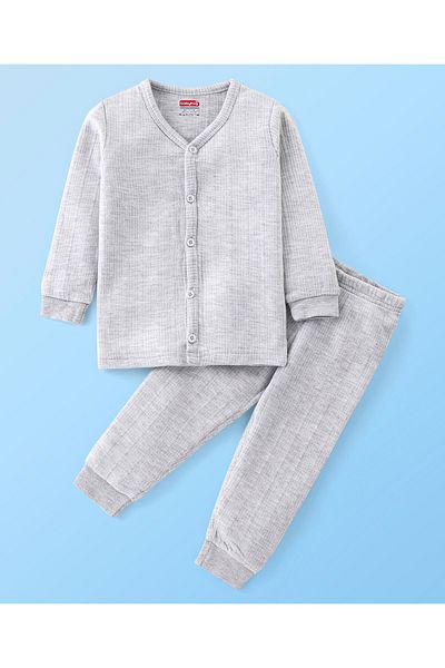 Babyhug Babyhug Cotton Full Sleeves Front Open Thermal Vest And Leggings- Light Grey