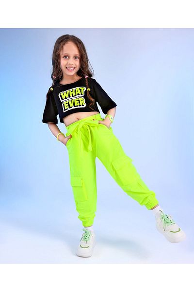 Ollington St. Ollington-St. 100% Cotton Knit Half Sleeve Crop Top & Joggers Set With Text Print-Black & Neon Green