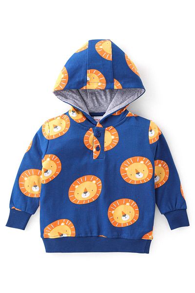 Babyhug Babyhug 100% Cotton Full Sleeves Hooded T-Shirt & Lounge Pants With Lion Print - Navy Blue