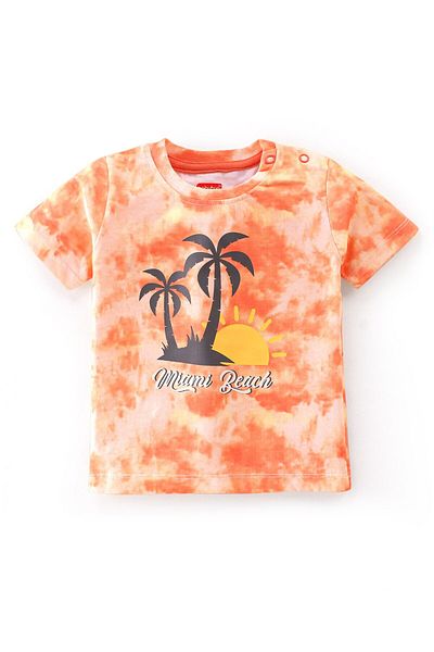 Babyhug Babyhug 100% Cotton Knit Single Jersey Half Sleeves T-Shirt & Shorts Tie & Dye Beach Print - Orange