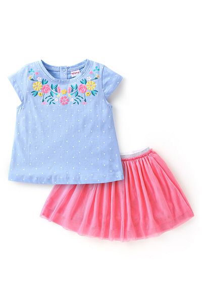 Babyhug Babyhug Cotton Half Sleeves Top & Skirt Set Floral Print- Blue & Pink