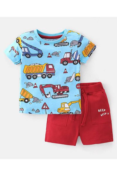Babyhug Babyhug 100% Cotton Knit Half Sleeves T-Shirt & Shorts With Construction Vehicle Print - Blue & Red