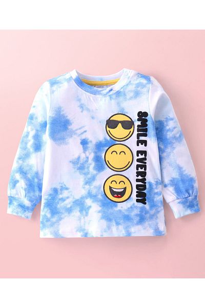Babyhug Babyhug Cotton Knit Full Sleeve T-Shirt,Lounge Pants Set Tie Dye,Emoticon Print-Light Blue,White