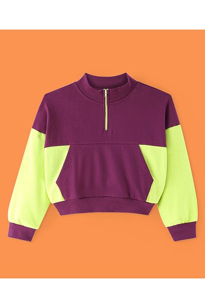 Ollington St. Ollington St. Cotton Knit Full Sleeve Color-Blocked Zipper SweatShirt& Joggers Set-Wine& Lime Green