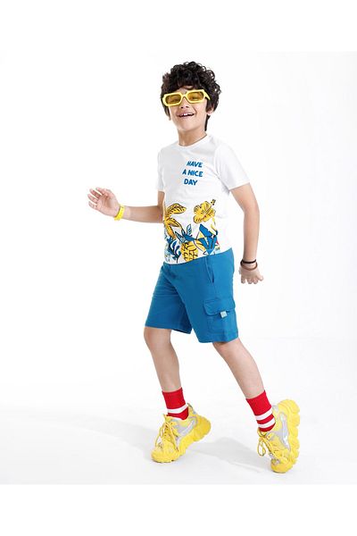 Ollington St. Ollington St. 100% Cotton Half Sleeves T-Shirt & Shorts With Text & Tropical Print - White & Blue