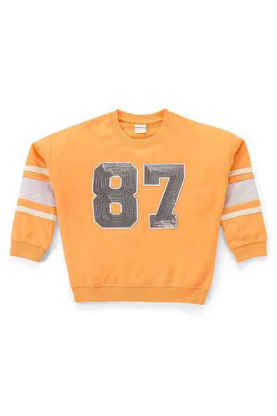 Babyhug Terry Cotton Knit Full Sleeves Top & Lounge Pants Set With Numbered Sequins - Orange & White