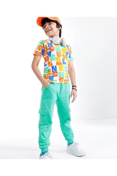 Ollington St. Ollington St. 100% Cotton Half Sleeve T-Shirt Knit Joggers Alphabet All Over Printed-White & Green