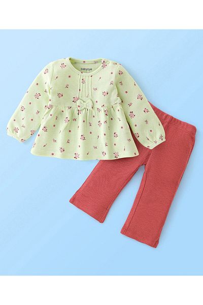 Babyoye Eco-Conscious Organic Cotton Full Sleeves Top & Legging With Floral Print - Green & Red