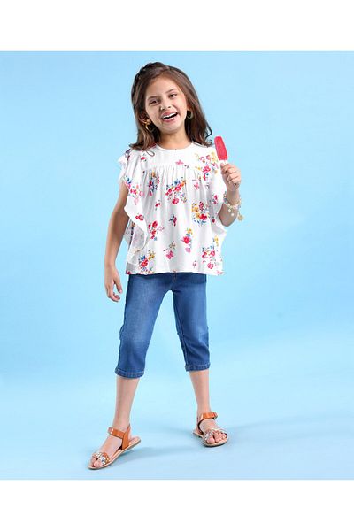 Babyhug Rayon Half Sleeves Floral Top With Capri Length Denim With Stretch-Multicolour
