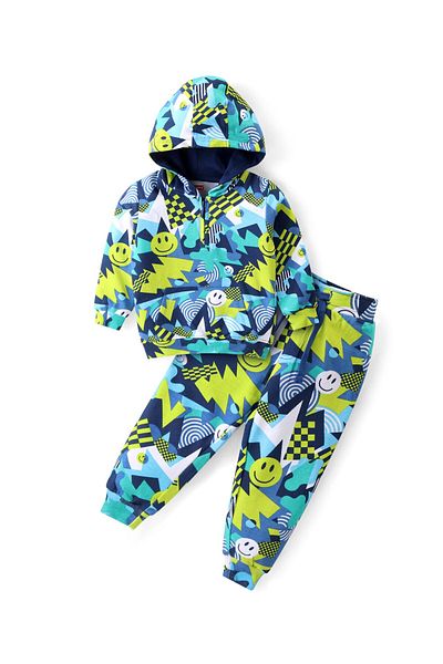Babyhug Babyhug Terry Knit Full Sleeves Hooded T-Shirt & Lounge Pants Set Smile Print - Navy