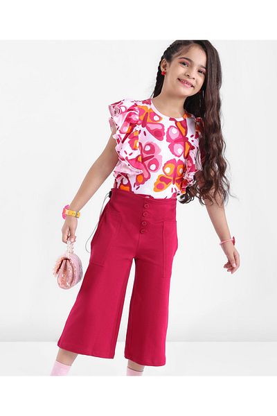 Ollington St. Ollington St. 100% Cotton Knit Frill Sleeves Top & Culottes Butterfly Print - White & Purple