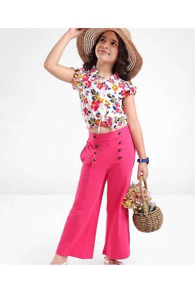 Ollington St. Ollington St. Cotton Half Sleeves Floral Print Top & Pant Set - White & Pink