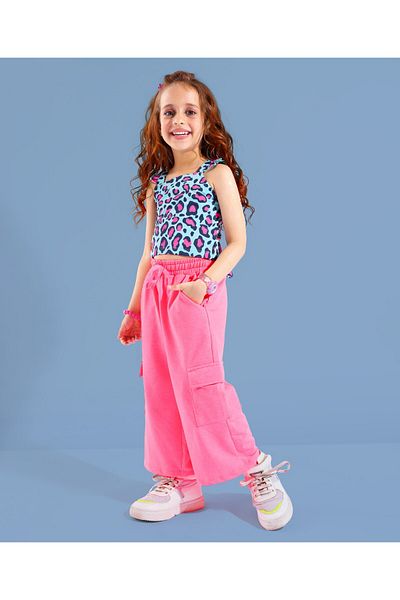 Ollington St. Ollington St. 100% Cotton Sinker Knit Sleeveless Top & Culottes Set Leopard Print - Blue & Neon Pink