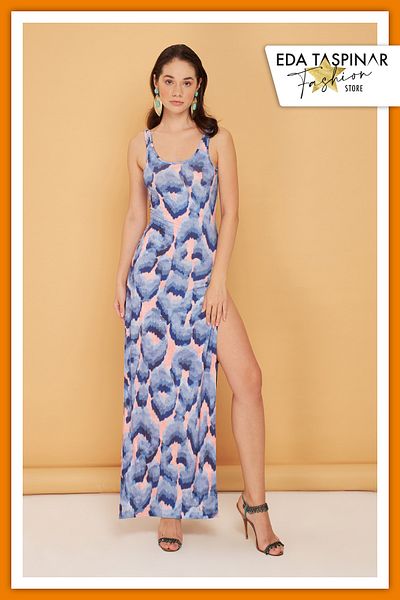 Eda Taşpınar Straps Patterned Deep Slit Dress - Teks-00063
