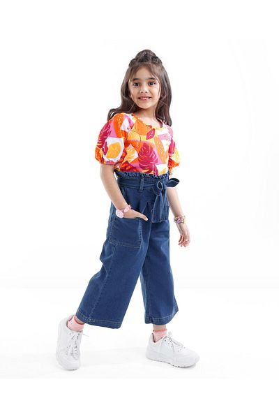 Ollington St. Ollington St. 100% Cotton Half Sleeve Top & Culottes With Tropical Print - Multicolor