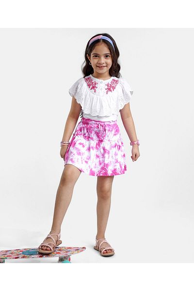 Ollington St. Ollington St. Cotton Knit Frill Sleeve Top & Skirt Set Floral Print & Schifilli Design -White & Pink