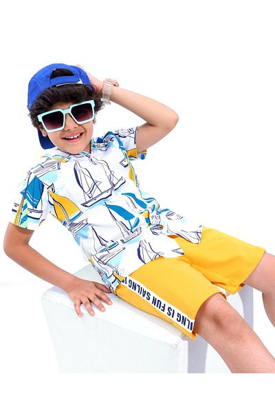 Ollington St. Ollington St. 100% Cotton Half Sleeves Shirt & Shorts Set Boat Print ??White & Yellow