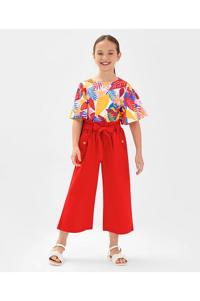 Ollington St. Ollington St. 100% Cotton Half Sleeves Top & Woven Culottes Set With Leaves Print - Red