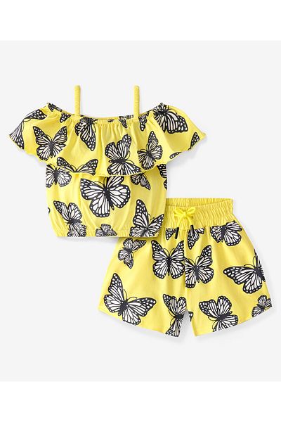 Ollington St. Ollington St. 100% Cotton Knit Off Shoulder Top & Shorts Co/ord Set Butterfly Print - Yellow
