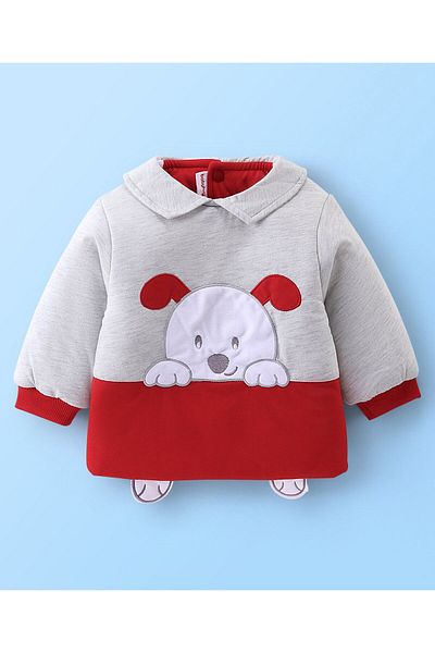 Babyhug Babyhug 100% Cotton Knit Full Sleeves Winter Wear Suits With Teddy Bear Embroidery - Grey & Red