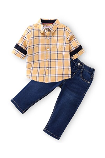 Babyhug Babyhug 100% Cotton Knit Full Sleeves Shirt & Jeans Checkered - Yellow & Blue