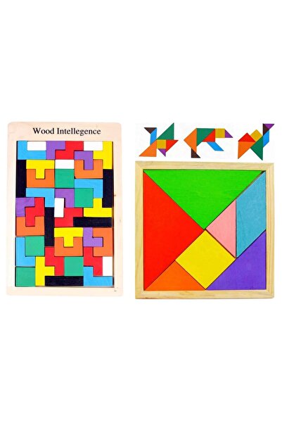 Floopy Pachet Joc Tangram 7 piese si Joc Tetris de Logica cu piese din lemn