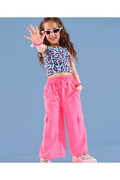 Ollington St. Ollington St. 100% Cotton Sinker Knit Sleeveless Top & Culottes Set Leopard Print - Blue & Neon Pink