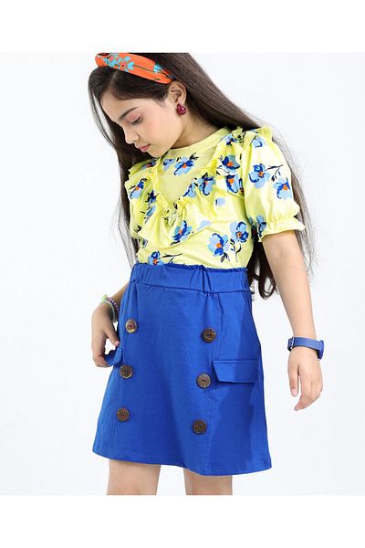 Ollington St. Ollington St. 100% Cotton Sinker Knit Half Sleeves Top & Skirt Set Floral Print - Yellow & Blue