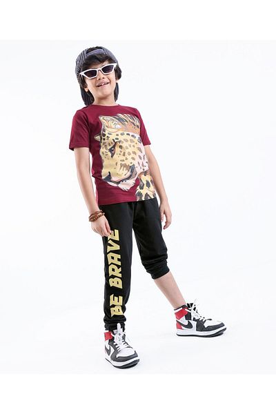 Ollington St. Ollington St. 100% Cotton Half Sleeves T-Shirt & Pants Set Cheetah Print - Maroon & Black