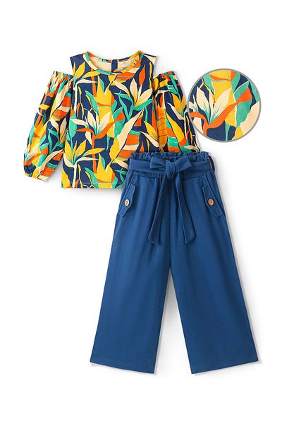 Ollington St. Ollington St. 100% Cotton Knit Cold Shoulder Top & Culottes Set with Leafy Print - Multicolor