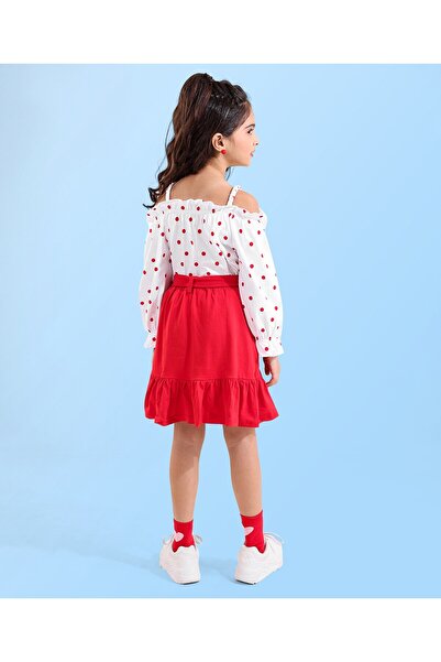 Ollington St. Ollington St. 100% Cotton ed Off-Shoulder Full Sleeve Top & Skirt Set Polka Dots -White & Red