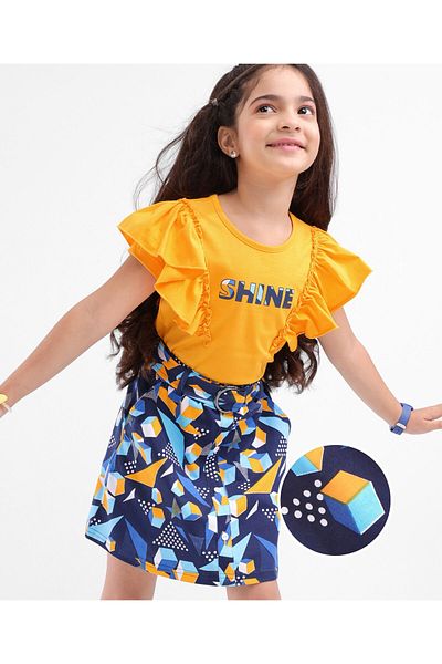 Ollington St. Ollington St. 100% Cotton Knit Sleeveless Top & Skirt Shapes & Text Print -Yellow & Blue