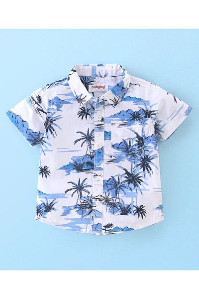 Babyhug Babyhug 100% Cotton Woven Half Sleeves Shirt & Shorts With Tropical Print - White & Blue