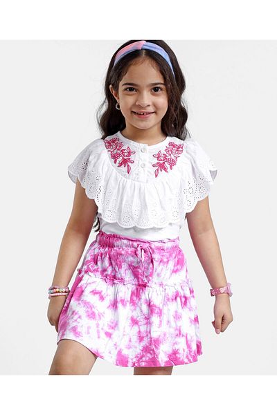 Ollington St. Ollington St. Cotton Knit Frill Sleeve Top & Skirt Set Floral Print & Schifilli Design -White & Pink