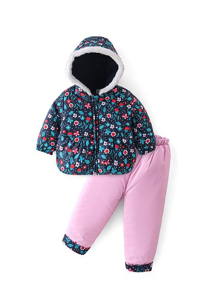 Babyhug Babyhug Woven Full Sleeves Winter Wear Suits With Floral Print - Blue & Pink