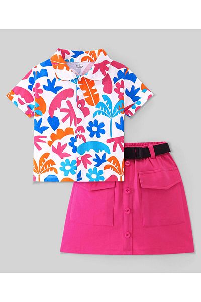 Ollington St. Ollington St. 100% Cotton Knit Half Sleeves Floral Printed Top & Knee Length Skirt Set -White & Pink