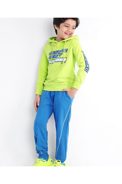 Ollington St. Ollington St. 100% Cotton Full Sleeve Hooded Sweatshirt & Joggers Set Placement -Lime Green & Blue